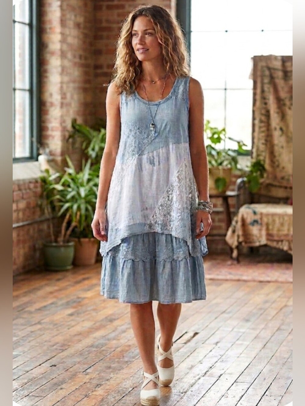 VASNA Made In Italy Blue White Laced Tie-Dye Layered Sleeveless Tunic Dress.M